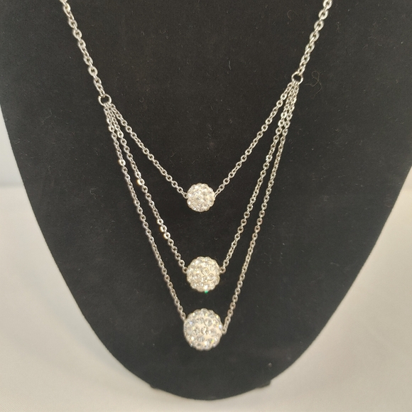 unbranded Jewelry - Silver Tone Triple Strand Rhinestone Ball Layered Necklace